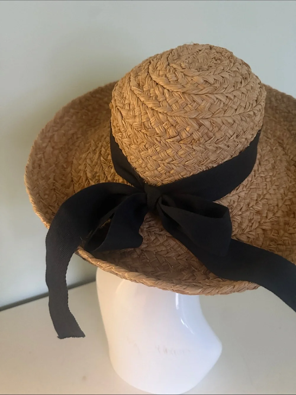 Helen Kaminski Wide-Brim Woven Rafia Hat with Black Ribbon